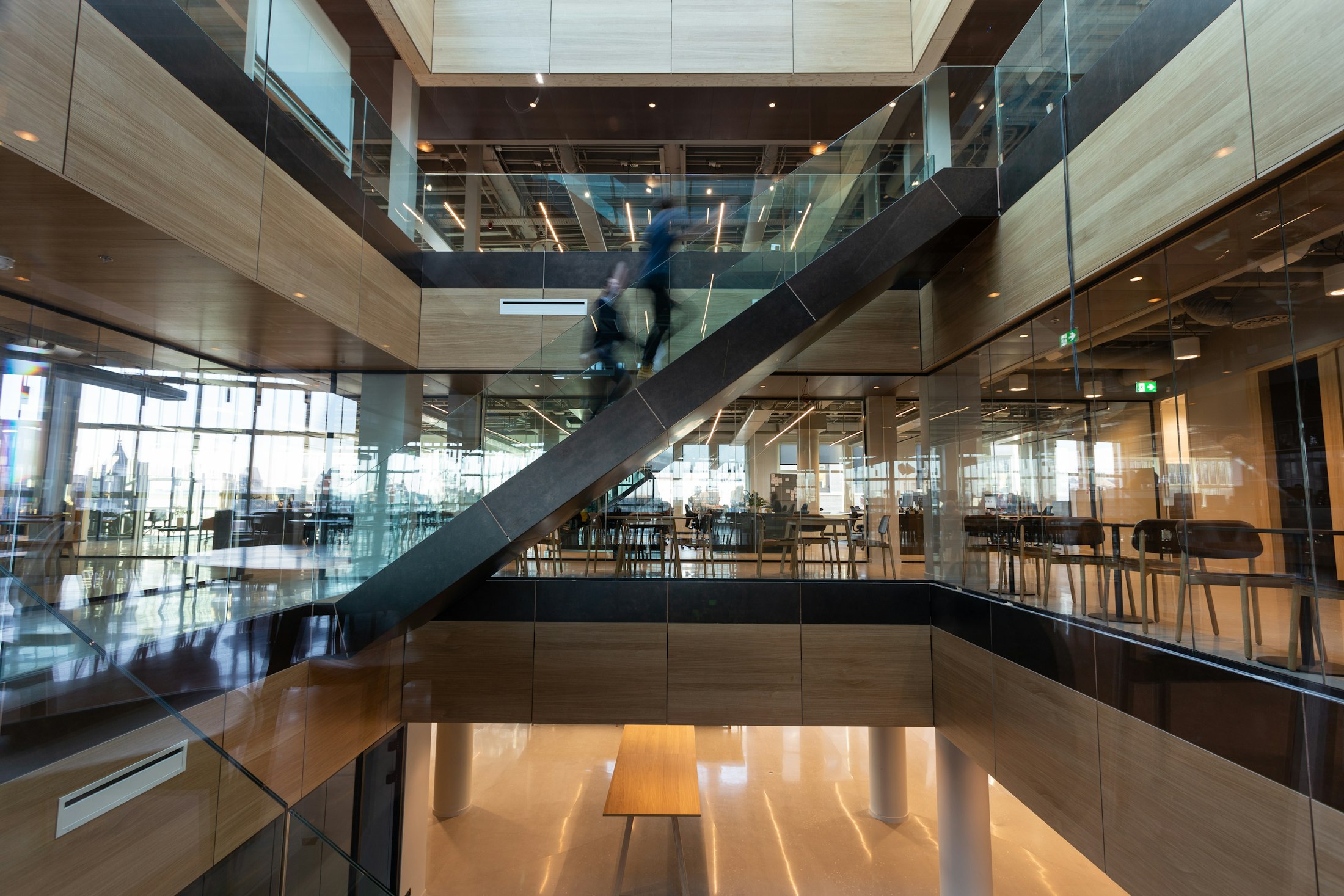 Modern commercial facility interior with glass and open circulation